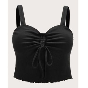 Black Plus Drawstring Knot Front Lettuce Trim Top